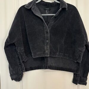 Oversized, Cropped Charcoal Gray Corduroy Button-Up Jacket